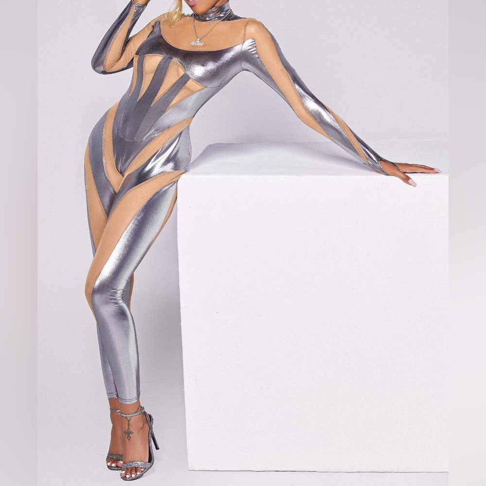 MUGLER style chrome jumpsuit catsuit one piece.